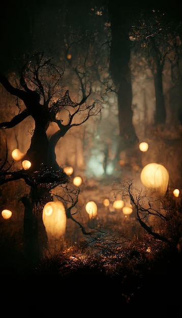 Paisaje espeluznante del bosque embrujado realista en la noche Fondo del bosque de Halloween de fantasía Arte digital