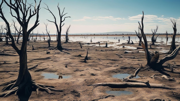 Foto paisaje estéril con agua contaminada y árboles muertos