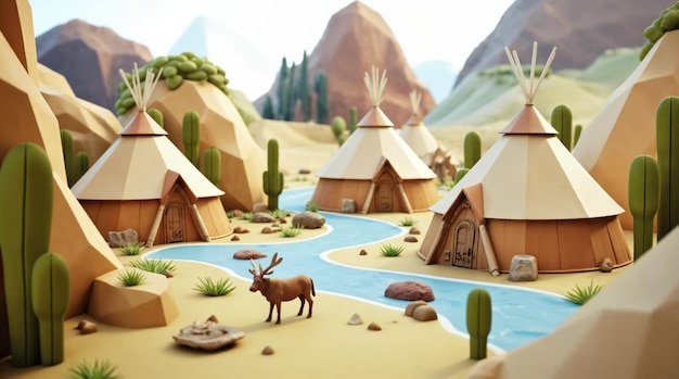 Paisaje estilizado del desierto con teepees y ciervos