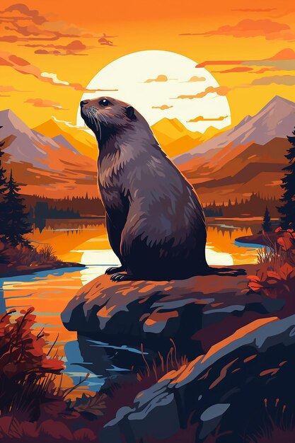 un paisaje estilizado del Día de la Marmota que muestra el momento del amanecer con una silueta de una marmota
