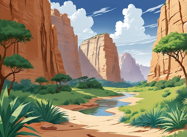 un paisaje de estilo dibujado animado de un cañón con un río y árboles