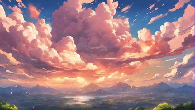 Un paisaje de estilo de dibujos animados de nubes de anime enojadas hiperrealistas