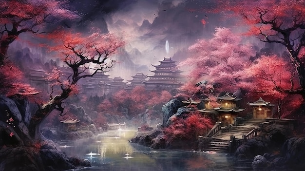 Paisaje de estilo japonés de un río con algunos edificios o pagodas con flor de cerezo IA generativa