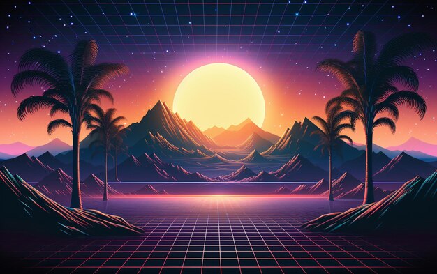 Paisaje de estilo synthwave de los años 80 con montañas de cuadrícula azul y sol sobre el cañón del planeta espacial arcade