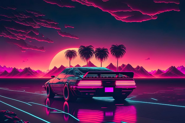 Foto paisaje estilo synthwave de los años 80 con montañas y puesta de sol ia generativa