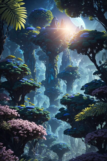 paisaje de extraña flora azul con montañas, árboles y plantas en un planeta alienígena
