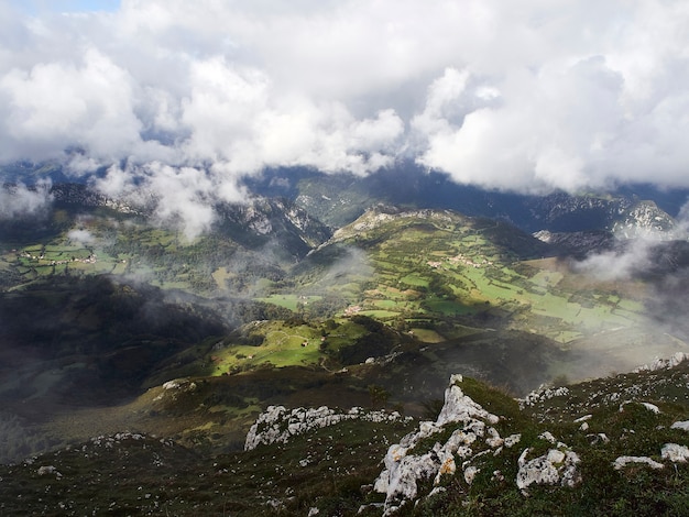 Foto paisaje exuberante y verde de una montaña.