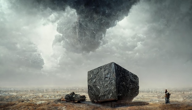 Paisaje de fantasía abstracto con una gran piedra de pizarra en el centro Paisaje de ciencia ficción de un planeta desértico con nubes dramáticas nubes de tormenta ilustración 3D