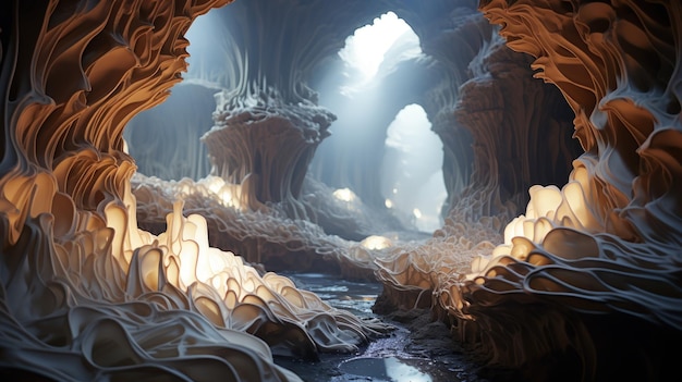 paisaje de fantasía abstracto con lago congelado y cueva de hielo