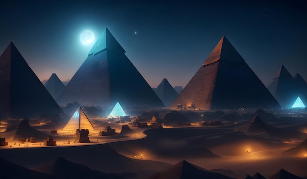 Paisaje de fantasía de las antiguas pirámides de Egipto en la noche IA generativa