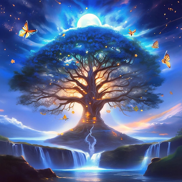 Paisaje de fantasía con un árbol y una cascada en el cielo nocturno