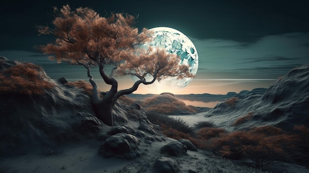 Paisaje de fantasía con árbol y luna llena ai generativo.