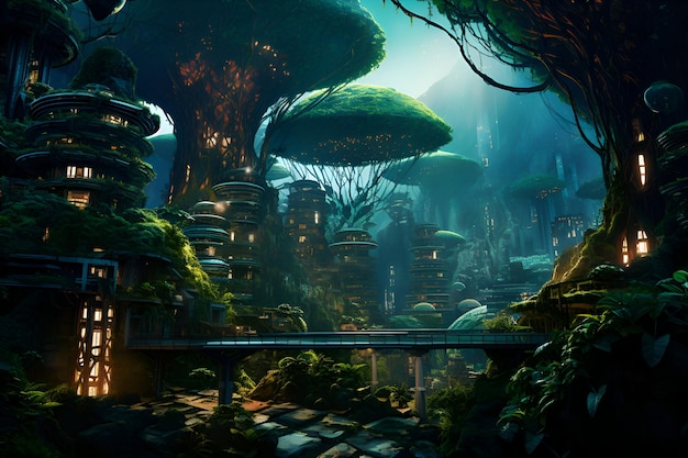 Paisaje de fantasía con árboles de fantasía Ilustración 3D Mundo de fantasía