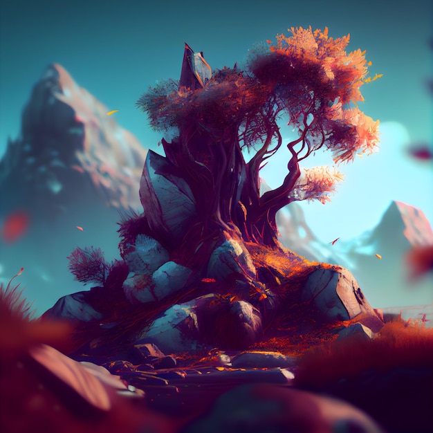 Paisaje de fantasía con árboles de fantasía y montañas ilustración 3D