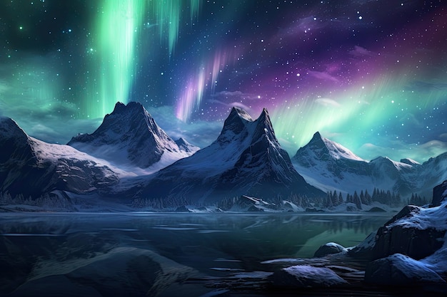 Paisaje de fantasía con aurora boreal y montañas nevadas en el fondo Generado por IA