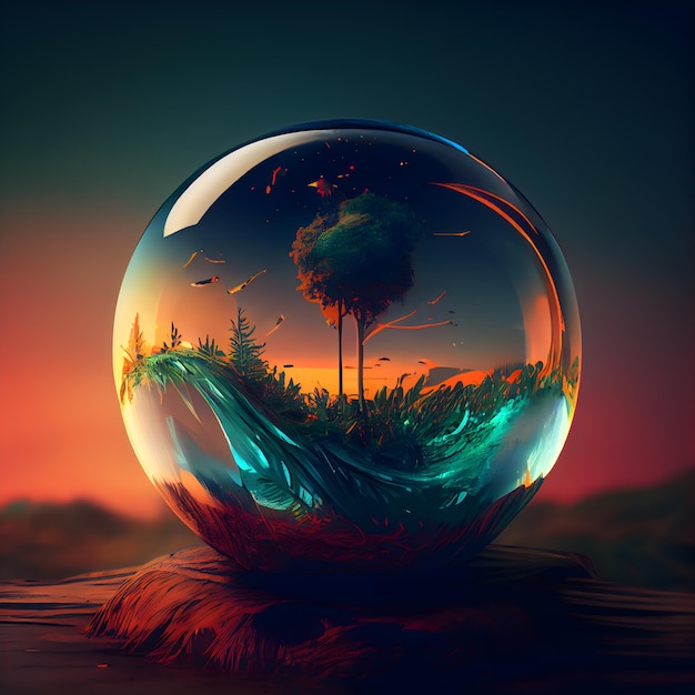 Paisaje de fantasía en una bola de cristal 3D Render ilustración