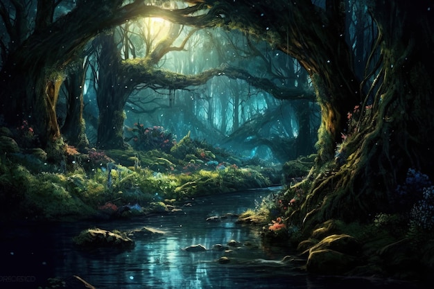 Paisaje de fantasía con bosque de fantasía