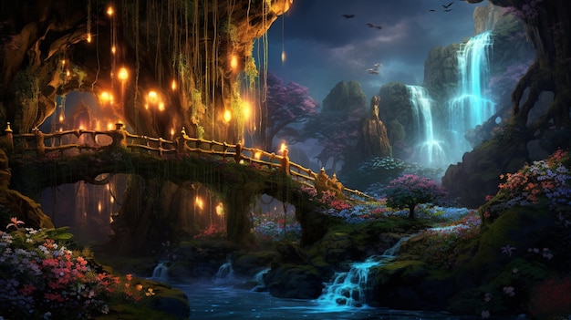paisaje de fantasía bosque mágico y luces de neón mágicas