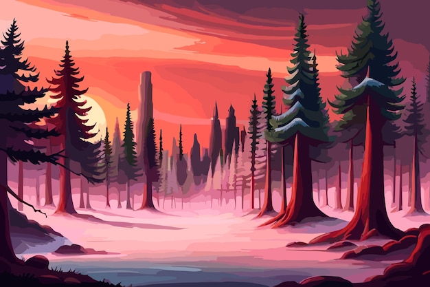 Paisaje de fantasía con bosque de pinos de coníferas al atardecer tono naturaleza ambiente ilustración vectorial