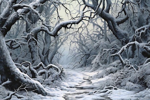 Paisaje de fantasía con un camino a través de un bosque nevado