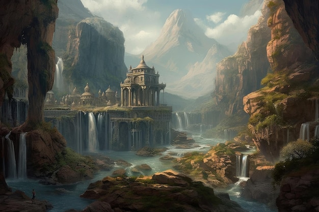 Un paisaje de fantasía con una cascada y un castillo en el medio.
