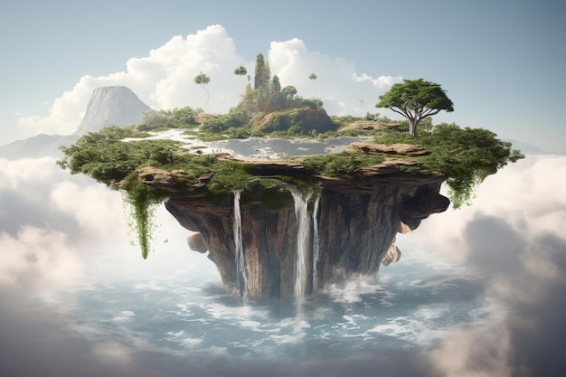 Paisaje de fantasía con cascadas en las nubes