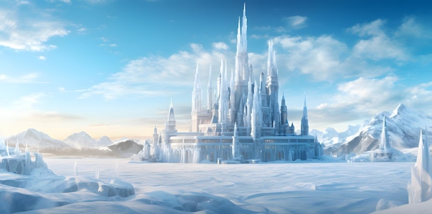 Paisaje de fantasía con castillo de cuento de hadas y lago congelado renderizado en 3D