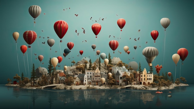 Paisaje de fantasía con castillo y globos de aire caliente con cielo azul y fondo