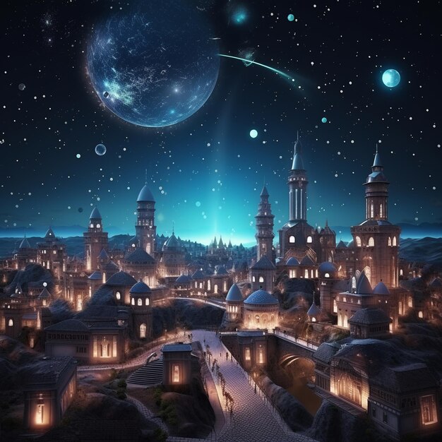 Foto paisaje de fantasía con castillo y luna en el cielo nocturno renderización 3d