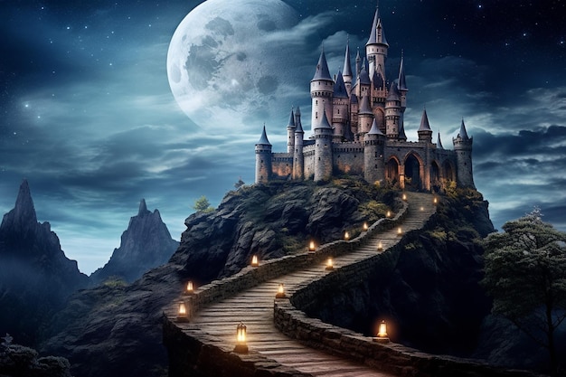 Paisaje de fantasía con castillo y luna