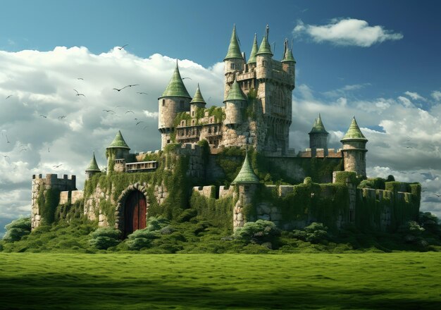 Paisaje con fantasía de castillo medieval y concepto de historia de la Edad Media IA generativa