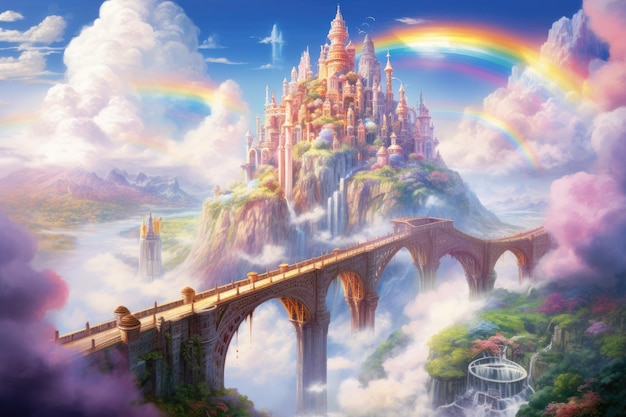 Paisaje de fantasía con castillos de fantasía e ilustración en 3D del arco iris Un reino de cuento de hadas flotando en las nubes con puentes de arco iris Generado por IA