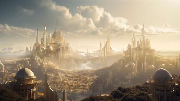 Paisaje de fantasía con ciudad mística IA generativa