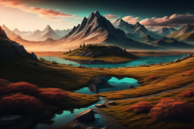 Paisaje de fantasía colorido con montañas y lagos generativo ai