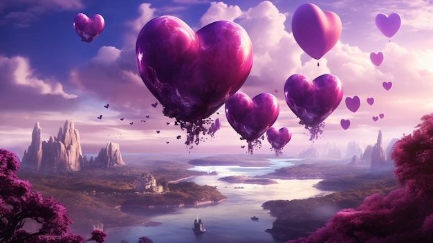 paisaje de fantasía y corazón flotante de color violeta