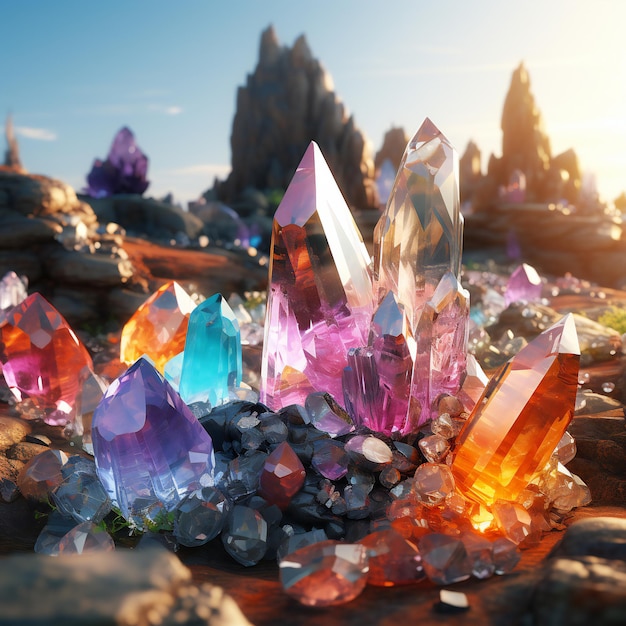 Paisaje de fantasía con cristales y piedras.