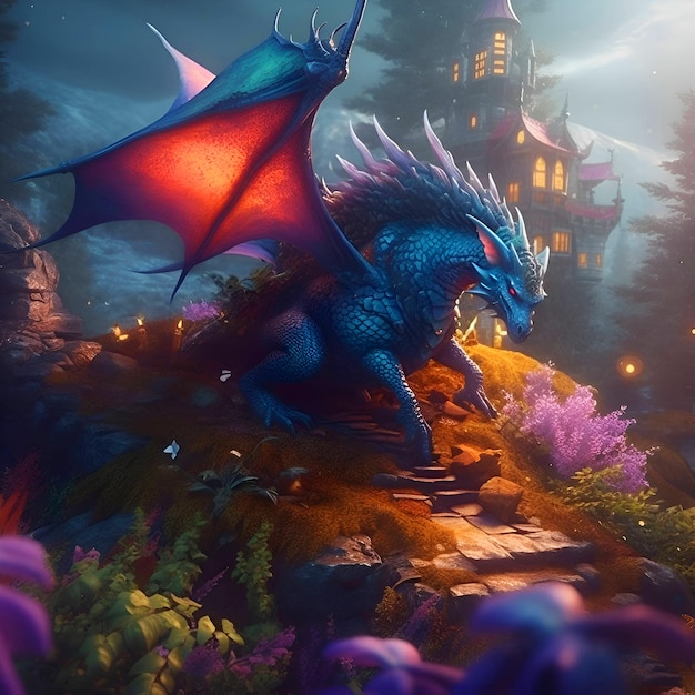 Foto paisaje de fantasía con dragón de fantasía y castillo ilustración 3d