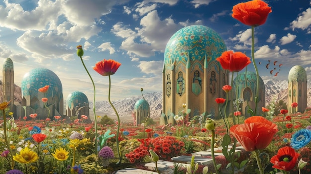 Paisaje de fantasía con edificios ornamentados y flores vibrantes