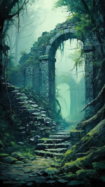 Un paisaje de fantasía con escaleras que conducen a un arco de piedra.