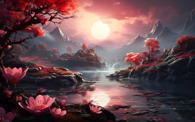 Paisaje de fantasía con estanque y flor roja IA generativa