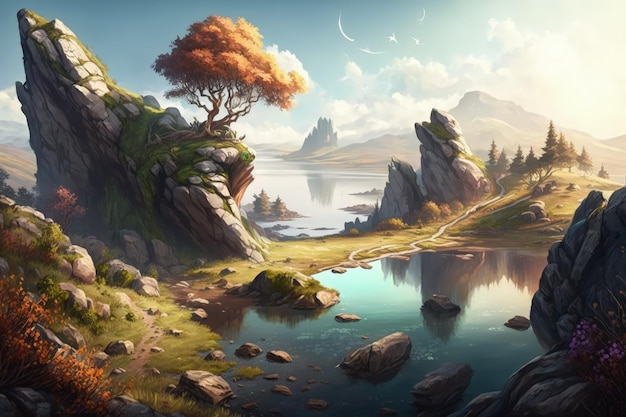 Paisaje de fantasía con fantásticas colinas de hierba de aspecto realista, ríos y árboles Ilustraciones digitales CG para ilustraciones conceptuales de videojuegos y diseños de escenas de estilo de dibujos animados realistas