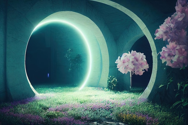 Paisaje de fantasía con flores y arcos luz del sol Portal mágico a otro mundo