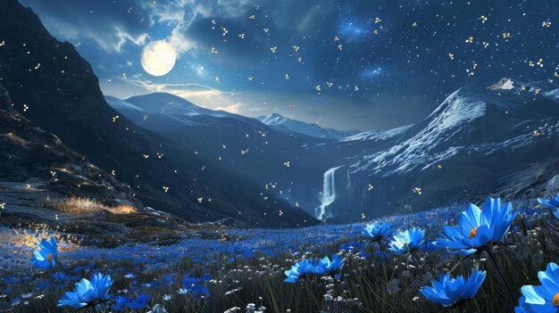 Paisaje de fantasía con flores azules y montañas en el fondo por la noche