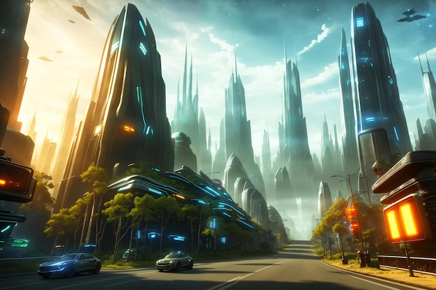 Paisaje de fantasía futurista ciudad de ciencia ficción