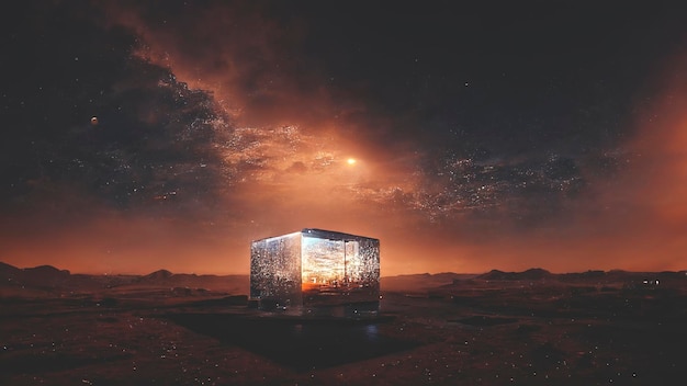 Paisaje de fantasía futurista paisaje de ciencia ficción con planeta luz de neón planeta frío Escena natural oscura cubo de luz Neón espacio galaxia portal espacio polvo nebulosa 3d ilustración