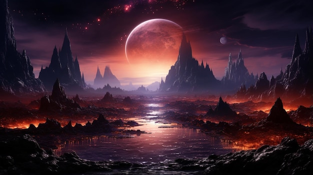Paisaje de fantasía futurista paisaje de ciencia ficción con planeta luz de neón planeta frío