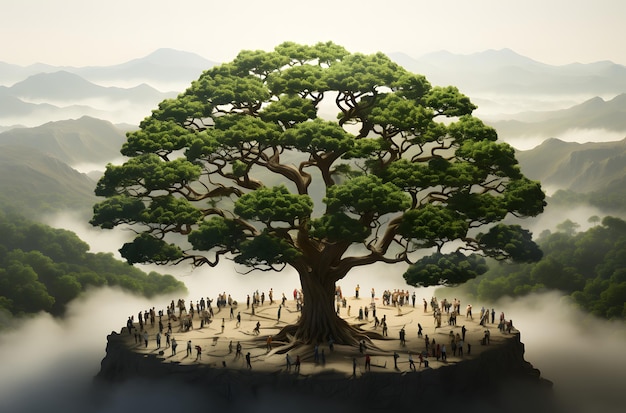 Paisaje de fantasía con un gran árbol y gente en la cima de la montaña