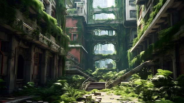 Paisaje de fantasía con helechos verdes y escaleras en la ciudad.