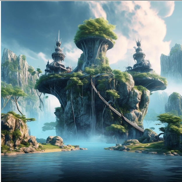 Paisaje de fantasía con una hermosa isla en el mar 3d renderizado