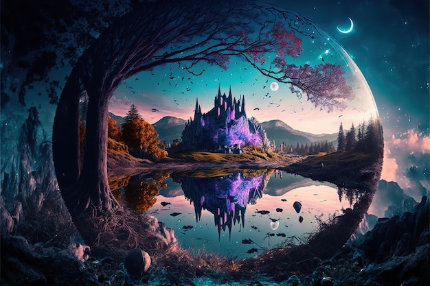 Paisaje de fantasía y hermoso paisaje mágico castillo medieval